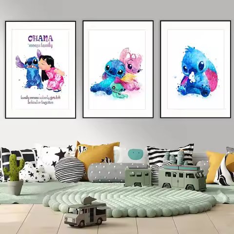 Lilo and Stitch Watercolor Art Print Ohana Means Family Poster Kids Birthday Gift Stitch Canvas Pain