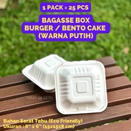 (25 PCS) White Bagasse Box Burger Bento Cake Size 15x15x8 cm | Bagasse Bento Box 6inch Sugarcane Sug