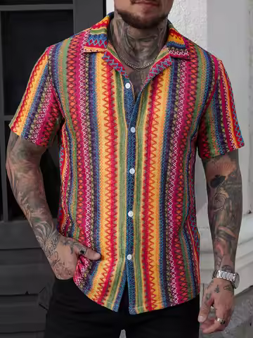 American Retro Bohemian Style Men's Shirt, Summer Breathable Colorful Stripe Short-Sleeve Vacation O