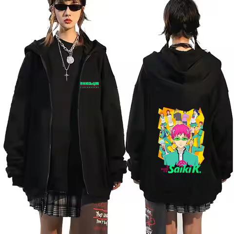 Anime The Disastrous Life of Saiki K Saiki Kusuo Zipper Hoodie Men Retro Cartoon Merch Zip Up Jacket