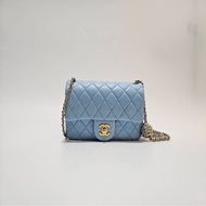 Chanel 天空藍羊皮金釦下蓋Coco20核桃金球鏈包AS1787