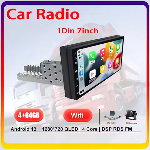 7-inch 4+64GB Android 1DIN Truck Multimedia CarPlay Android Auto Universal Navigation GPS Bluetooth 
