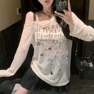 Chic Sweet Hot Girl Design Loose Long-Sleeved t-Shirt Women Irregular Oblique Shoulder Thin Style Su