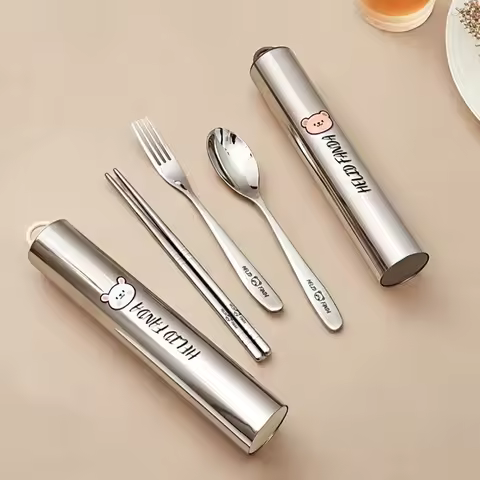 WORTHBUY New Portable Cute Dinnerware Set 304 Stainless Steel Fork Spoon Chopsticks With Box Dishwas