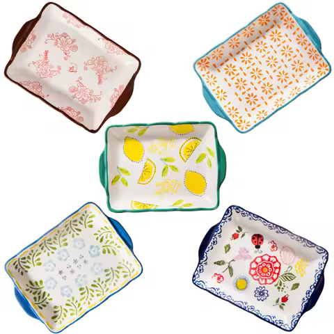 Ceramic Plate Rectangle Tray, Food Dish, Binaural Baking Oven, Cheese Baking Pan, Creative Hand-pain