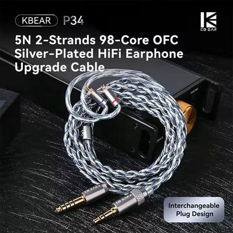 KBEAR P34 Stunning Appearance Design 5N 2-Strand 98 Core Interchangeable Plug OFC Silver-Plated HiFi