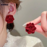 TPU] Women Petal Flower Stud Earrings Red Flocked Floral Jewelry for Autumn Winter