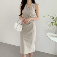 korean beige midi dress for women formal casual elegant church beach korean dress outfit plus size