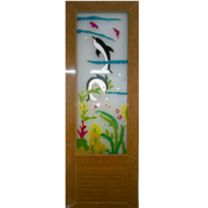 ประตู UPVC กระจกเพ้นลายปลาโลมา พร้อมวงกบ U01 70cm.x200cm. สีสักทอง ไม่เจาะ OK#ประตูไม้ราคาถูก #ประตู