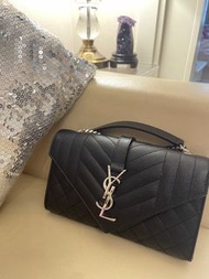 Saint Laurent YSL 信封包 Small 21cm 黑銀粒面 鏈條包 側揹包 