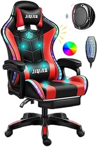 Gaming Chair - Racing Computer Chair with Massage and LED RGB Lights Ergonomic Office Massage Chair with Massager Lumbar Support and Adjustable Lumbar Support Backrest Bluetooth Speaker Red (Color :