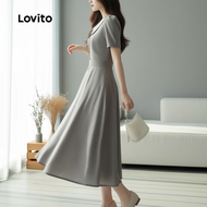 Lovito Gaun Elegan Berbutang Depan Musim Bunga/Panas Khaki untuk Wanita LBL29355