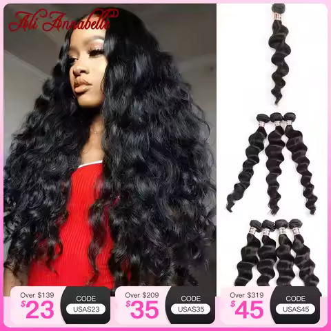 ALI ANNABELLE Peruvian Loose Wave Hair Bundles Human Hair Extensions1/3/4 Bundles Deal 100% Human Ha