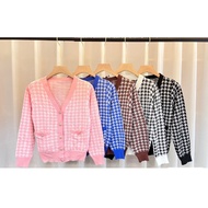 SK3035A -MSIA Ready Stock Women Knitted Outer Knitted Cardigan 小香风V领千鸟格提花长袖外套