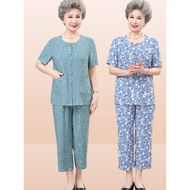 Elderly Summer Clothes Female Grandma Clothes Cotton Silk Short-Sleeved Suit Mother Shirt Elderly Cl