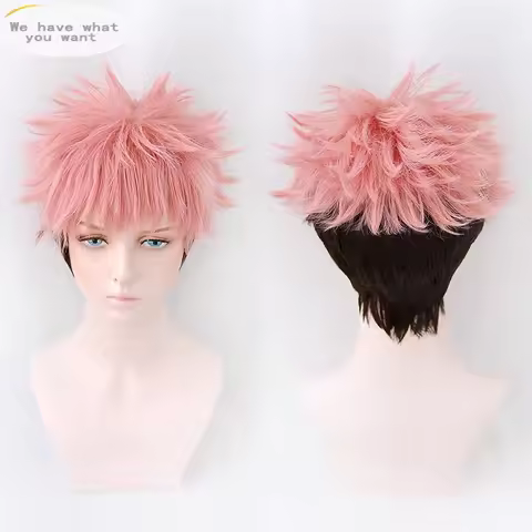Ryomen Sukuna Cosplay Wig Anime Yuji Itadori Short Pink Black Heat Resistant Synthetic Hair Hallowee