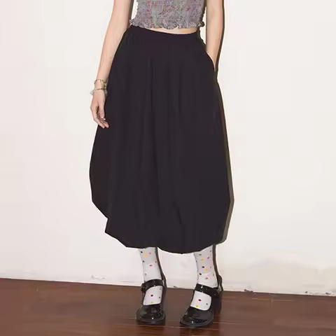 Long Skirt Women Elegant Solid Elastic Waist A-line Vintage Korean Fashion Loose Balloon Maxi Skirt 