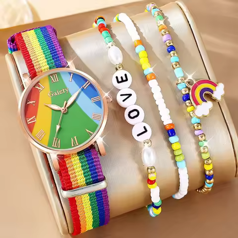 4PCS Women's Trendy Watch Set, Fashionable and Personalized Rainbow Elements Quartz Watch Bracelet S
