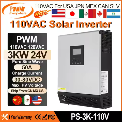 PowMr 3KVA Hybrid Solar Inverter 24VD to 110VAC Output Pure Sine Wave 50A PWM Solar Charger Controll