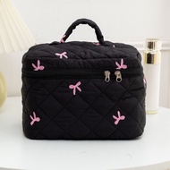 ALLENTIANY Embroidered Bow Quilted Makeup Bag Coquette Travel Handheld Cosmetic Bag Trendy Large Aes