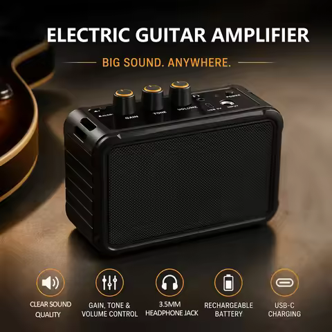 Mini Guitar Amplifier, Dual Speakers 10W, Rechargeable Electric Guitar Amp Bluetooth with Clean Over