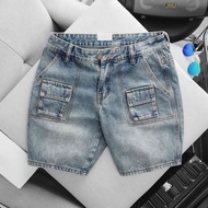 Quần short jean nam túi hộp xanh sáng ôm dáng vnxk xịn trên gối