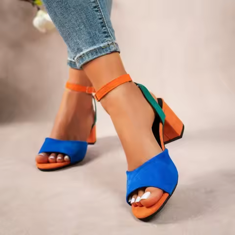 2025 European and American Colored Plus Size High-heeled Sandals for Women Round Toe Fashionable Thi