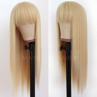Maycaur Blonde Synthetic Hair Wigs with Full Bangs #613 Color Long Straight Women's Wig Heat Resista