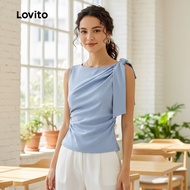 Lovito 女士优雅纯色不对称褶皱T恤 L129ED565