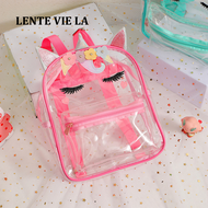 LENTE VIE LA กระเป๋าสะพายเด็กอนุบาลการ์ตูนยูนิคอร์นโปร่งใส PVC น่ารักกระเป๋าเป้สะพายหลังสำหรับเดินทางแบบพกพาสำหรับเด็กผู้ชายและเด็กผู้หญิง