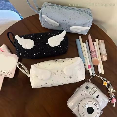 （Summer4）Print Wings Star Dots Pencil Case Y2k Desktop Storage Korean Style Pen Bag Large Capacity S
