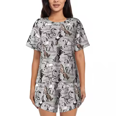 Vintage Horse Pajamas Women Animal Print Fashion Nightwear Summer Short Sleeve 2 Pieces Sleep O Neck