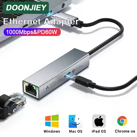 DOONJIEY Type-C to Ethernet Adapter Supports DP 60W Charging USB C to 1000M RJ45 Network Port Adapte