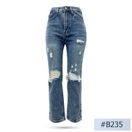 กางเกงยีนส์ขายาวทรงกระบอกกลาง นิยมยีนส์ Niyom jeans สียีนส์ ผ้าไม่ยืด แต่งขาด3จุด ขาดสกิดจุดเล็ก7จุด