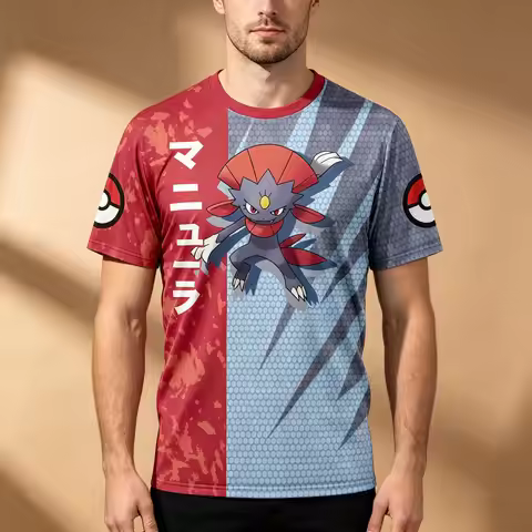Men's Pokemon Weavile Split Color Full Print T-Shirt, Red Grey Anime Japanese Kanji Casual Short Sle
