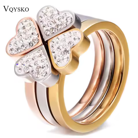 316L Stainless Steel Jewelry Unique 3in1 Heart Rings For Women Surgical Steel Nickle Free CZ Crystal