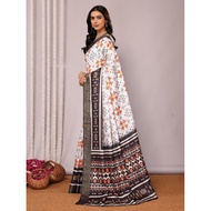 [Ready Stock-Zip & Go Saree]White-Deep Blue Chanderi Silk Saree with Ready Blouse, Linings