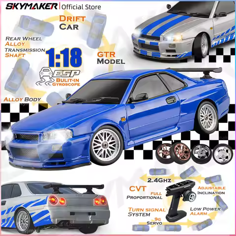 Skymaker LDRC 1/18 RC Drift Car LD1899 GTR Mode R34 2.4GHz RWD with Gyroscope on-Road Alloy Body She