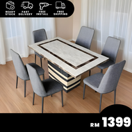 BETTY FURNITURE BELLA 1+6 Marble Dining Table With Cotton Seat Chair