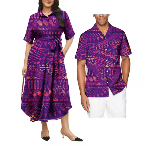 Elegant Polynesian Couple Of Set Hawaii Aloha Shirt And Dress 2 Pcs Set Samoa Puleatsi Couple Matchi