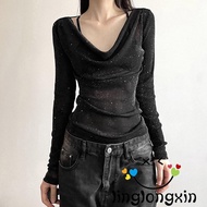 Women´s Fall Shiny Rhinestone Tops Cowl Neck Long Sleeve Slim Fit Sheer T-Shirt