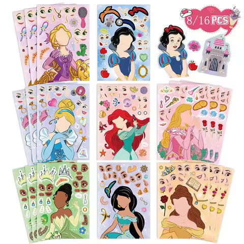 8/16Sheets Disney Princess Puzzle Stickers Make-a-Face Children DIY Assemble Jigsaw Educational Toys