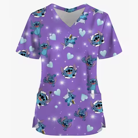 Y2k top Uniform omen's Disney Clothing Cartoon Stitch Print Nurse Work Shirt Pocket Gown Christma He