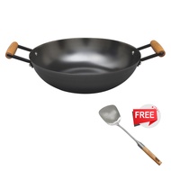 La gourmet Nitrigan 36cm Cast Iron Wok with Two Wooden Handles, 6L (IH) (Free Stainless Steel Turner with wood handle)