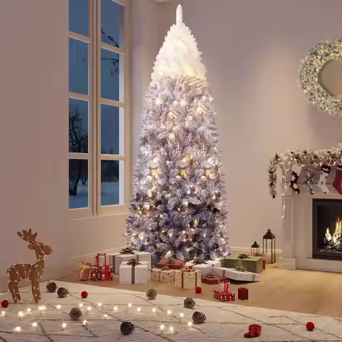 6ft/7.5ft Snow Flocked Pencil Christmas Tree Slim Artificial Christmas Tree Skinny Xmas Tree Holiday