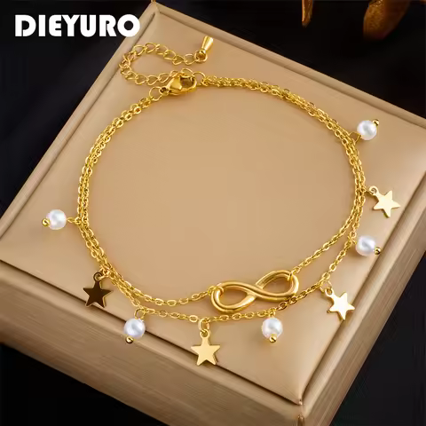 DIEYURO 316L Stainless Steel Star Pearl Number 8 Charm Anklet For Women Girl New Trend Multilayer Ch