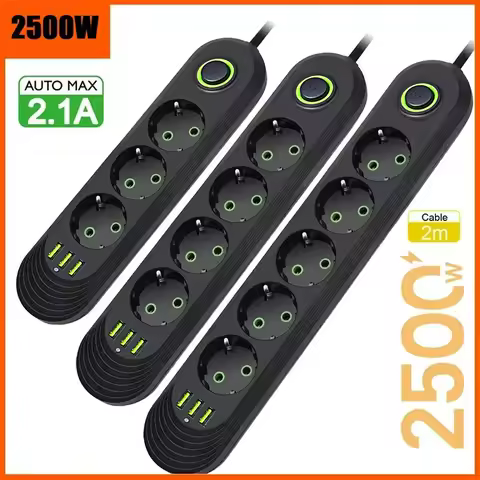 EU Plug AC Outlet 2500W Multiports Power Strip AC Outlet with 3USB Port 2m Extension Cable Round Pin
