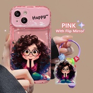 Pink Girl With Mirror Case Oppo Reno 8Z 7Z 9 8 7 Lite 6 5 Pro Plus 10 Pro+ 7Se R17 Find X3 Pro X5 Transparent Cute Cartoon Casing A93s A72 A73 A97 A32 A11X A9 A5 2020 Cover