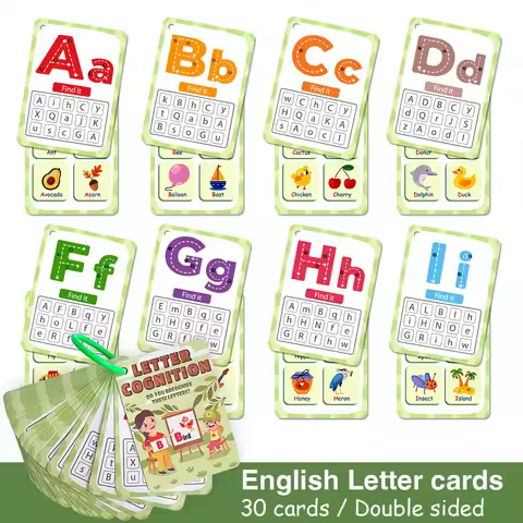 30Pcs Letters Cognition English Flashcards for Kids Baby 26 Alphabet A-Z Tracing & Find It Vocabular
