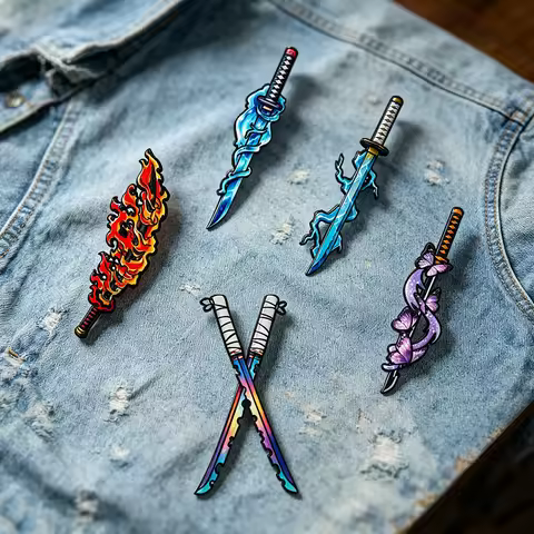 5Pcs Demon Slayer Nichirin Swords Enamel Pins Set Anime Cosplay Badges Collectible Brooches for Wate
